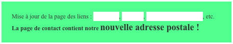 Mise à jour de la page des liens : Soleil noir, Phlit.org, Photo in the Book.com, etc.
La page de contact contient notre nouvelle adresse postale !